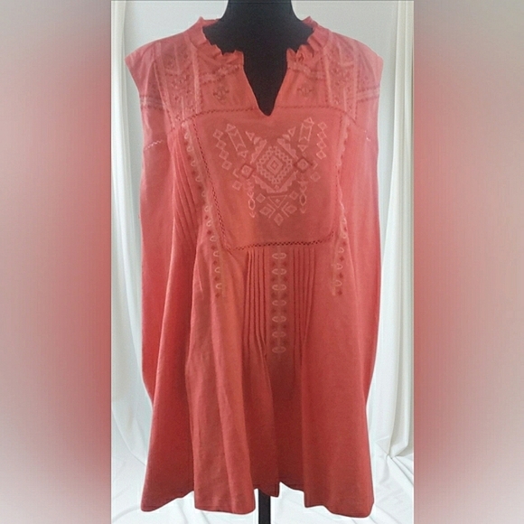 Boho Orange Cotton Knit Embroidered Lace V-Neck Sleeveless Swing Tank Top - Picture 2 of 8